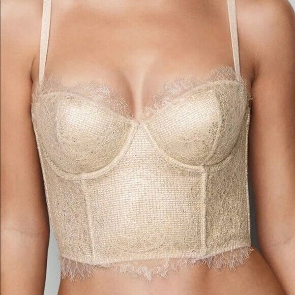 Victoria's Secret Dream Angels Bustier Gold Chantilly Lace Lined Strapless - Picture 2 of 12